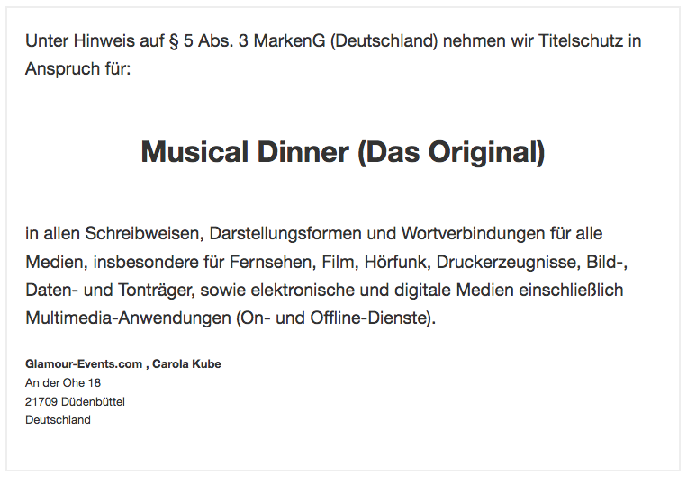Titelschutz Musical Dinner (Das Original)